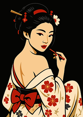 Geisha Portrait with Floral Kimono