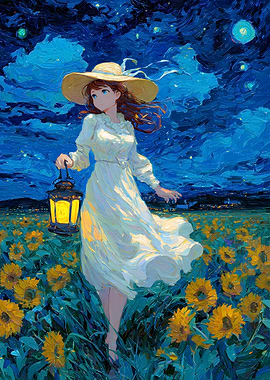 Anime Girl in Sunflower Field at Night