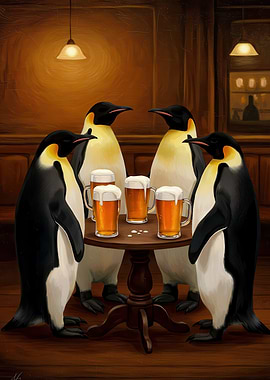 Penguins Drinking Beer at the Pub