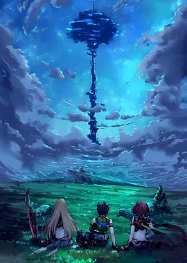 Fantasy Landscape with Tower and Characters