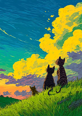 Cats Gazing at Sunset Sky