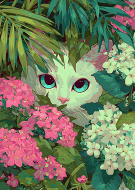 Cat Hidden in Flowers and Foliage