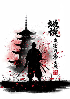 Samurai Silhouette with Pagoda and Cherry Blossoms