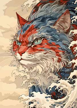 Ukiyo-e Cat with Waves