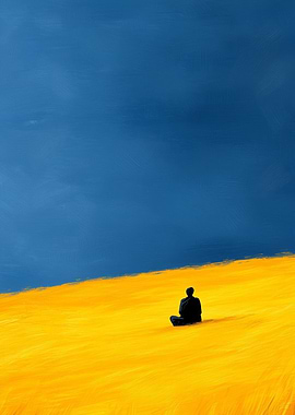 Figure in yellow field, blue sky