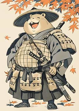 Capybara Samurai with Autumn Leaves