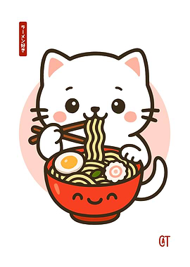 Cute Kawaii Cat Eating Ramen Illustration