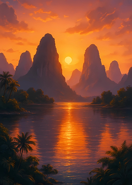 Tropical Sunset Landscape with Mountains