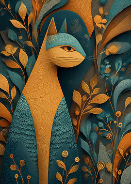 Stylized Cat in Floral Setting