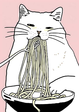 Cat eating spaghetti illustration