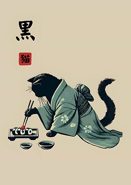 Cat in Kimono Eating Sushi