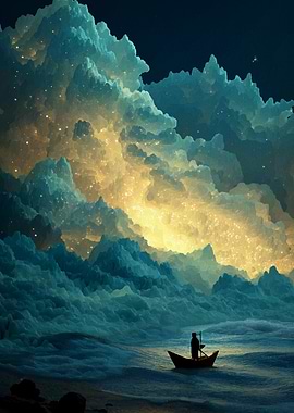 Boat on Water with Cloudy Sky