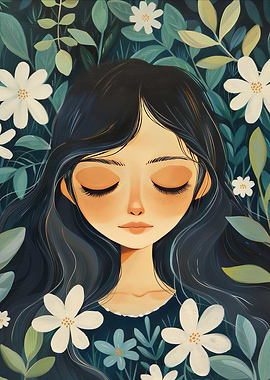 Girl with Flowers and Closed Eyes