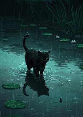 Black Cat in Rainy Pond