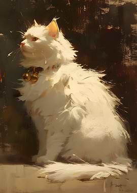 White Cat with Bells Painting