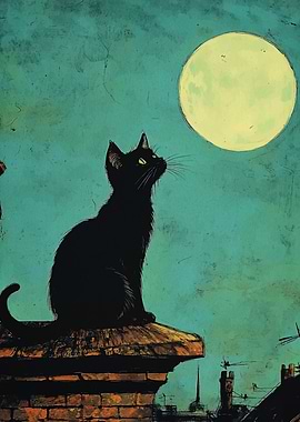 Black Cat Gazing at the Moon