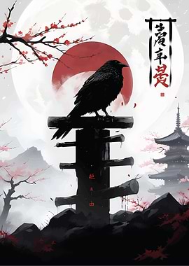 Raven Perched in Japanese Landscape
