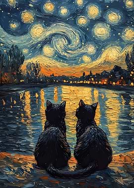Two Cats Under Starry Night Painting