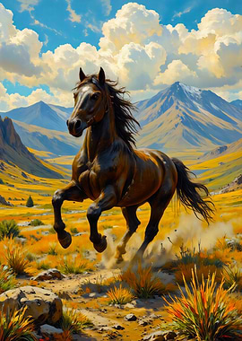 Galloping Horse in Mountain Landscape