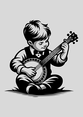 Boy playing banjo, black and white