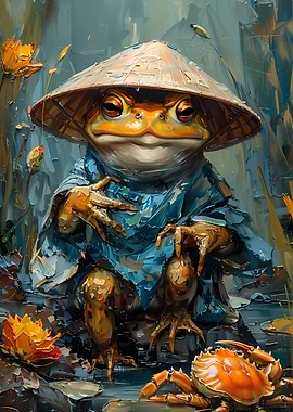 Frog in Conical Hat with Crab
