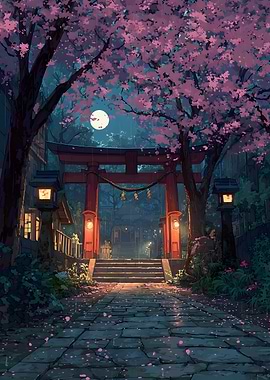 Japanese Shrine with Cherry Blossoms