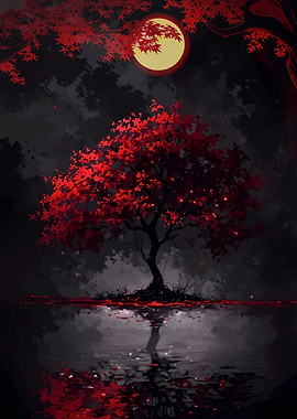 Red Tree Under Moonlit Sky