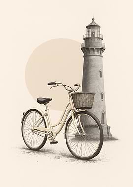 Bicycle and Lighthouse Serene Illustration