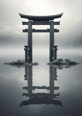 Torii Gate in Misty Lake