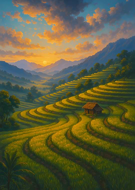Terraced Rice Fields at Sunset