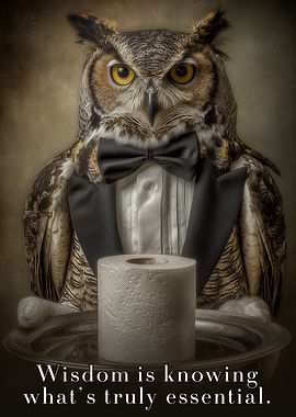 Wise Owl with Toilet Paper - Funny Owl Bathroom Poster with Toilet Roll