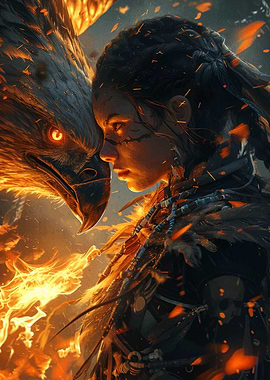 Woman and Eagle in Fiery Embrace