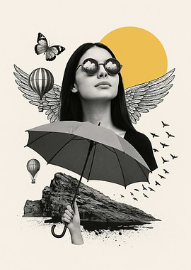Dreamy Collage with Woman and Umbrella