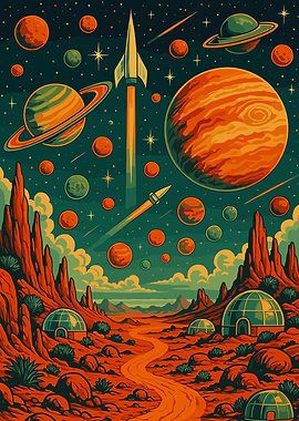 Retro Space Landscape with Planets