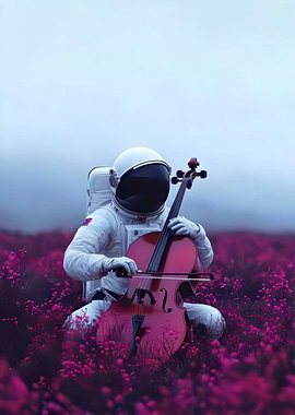 Astronaut playing cello in flower field