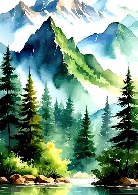 Watercolor Mountain and Forest Landscape