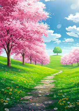 Cherry Blossom Path Anime Landscape
