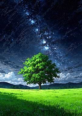 Green Tree Under Starry Night Sky