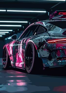 Anime-themed car in a neon garage