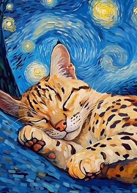 Sleeping Cat Starry Night Painting