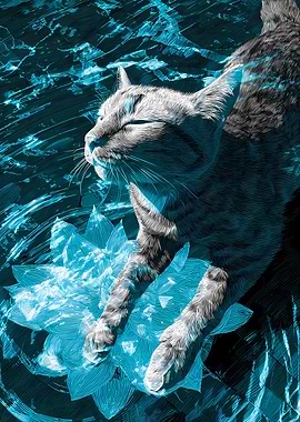 Cat swimming with Lotus Flower in Blue