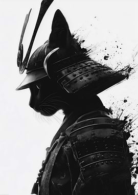 Samurai Cat Silhouette with Ink Splatter and Kabuto Helmet