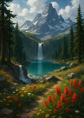 Mountain Lake Waterfall Landscape