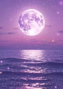 Aesthetic Purple Moon Over a Starry Ocean