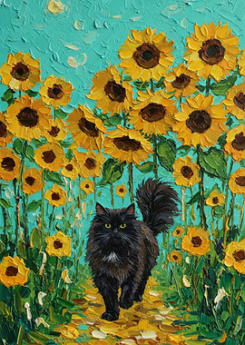 Black Cat in Sunflower Field Painting