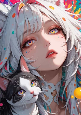 Anime Girl with Cat and Colorful Accents
