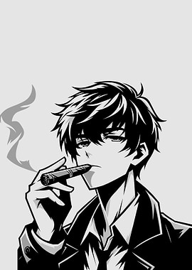 Anime man smoking cigar monochrome