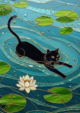 Black Cat in Lily Pond Art