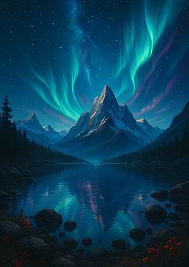 Aurora Borealis over Mountain Lake