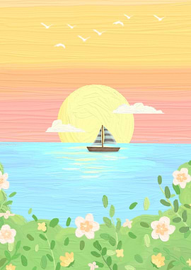 Pastel Seascape with Sailboat and Flowers